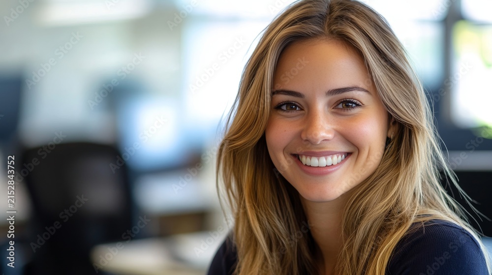 Fototapeta premium Portrait of a happy young professional woman smiling during a productive day at the modern office