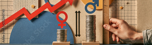 Gender Pay Gap: A visual representation illustrating the economic disparity between genders, with a red arrow symbolizing growth and two stacks of coins representing unequal earnings.