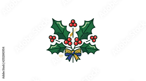 A festive illustration of green holly leaves with red berries and a decorative bow