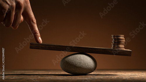 Financial Balance: A finger points to a balanced scale, with coins on one side and the fulcrum represented by a stone, symbolizing financial equilibrium and careful management.
