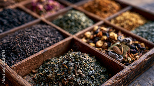 A close-up photograph of various loose-leaf teas, herbs, and flowers neatly organized in compartments of a rustic wooden box display on a table.
