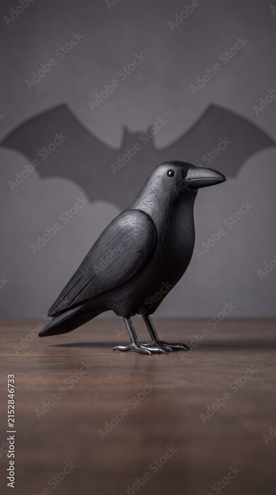 Obraz premium A small black raven figurine standing on a wooden surface with a winged bat shadow projected on the wall behind it to create an eerie atmosphere perfect for celebrating the annual autumn festival