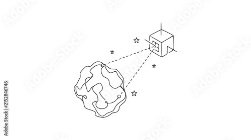 Obraz na plátně Cubic satellite exploring abstract asteroid with stars, isometric line art