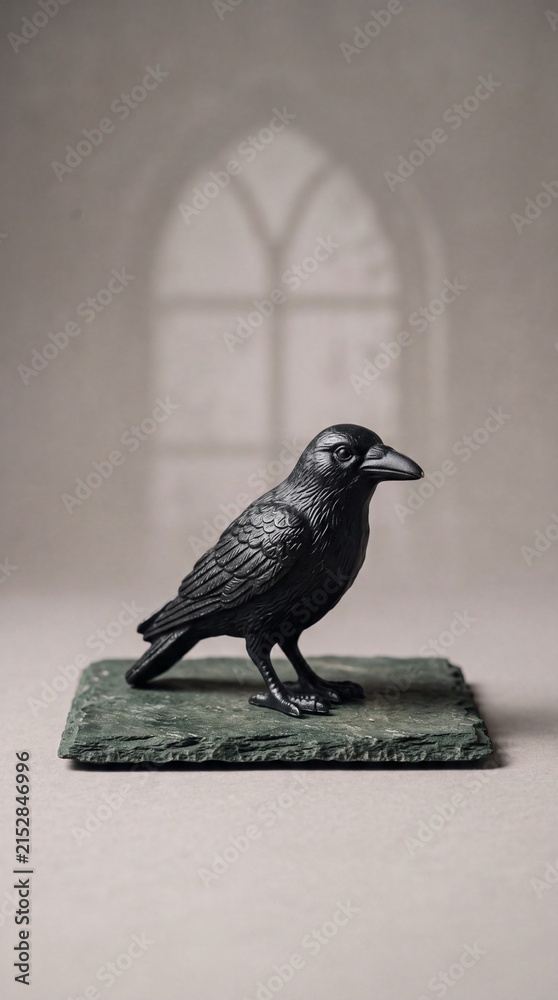 Obraz premium Sturdy cast metal raven figurine standing on top of a heavy dark green slate stone slab with a gothic stone archway visible in the soft shadows creating a mysterious atmosphere for home decor