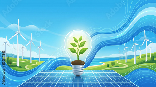An illustration of a light bulb with a plant growing inside, representing renewable energy, surrounded by solar panels and wind turbines in a vibrant green landscape with flowing blue waves