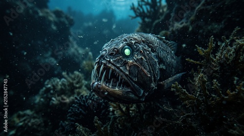 A terrifying deep-sea fish with glowing green eyes and sharp needle-like teeth lurks silently in the dark ocean depths near dark coral reefs.