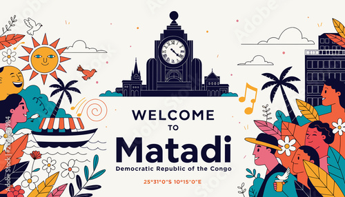 Welcome to Matadi, Democratic Republic of the Congo - Vibrant Cityscape Illustration with Landmark Clock Tower and People