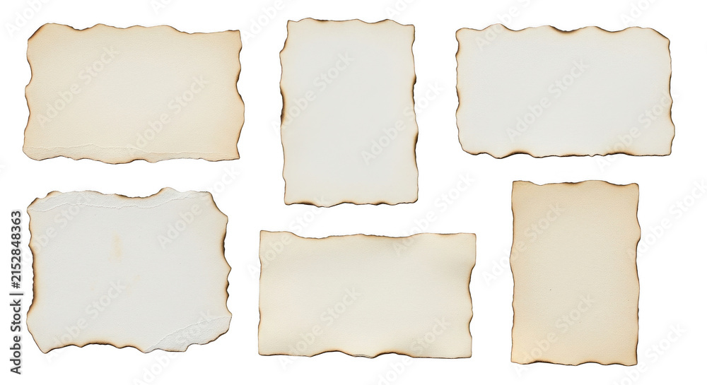 Fototapeta premium Set of old burnt paper scraps with rough edges isolated on transparent background
