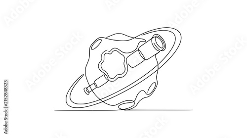 Photography One Line Drawing Asteroid with Telescope and Orbit Ring, Isolated