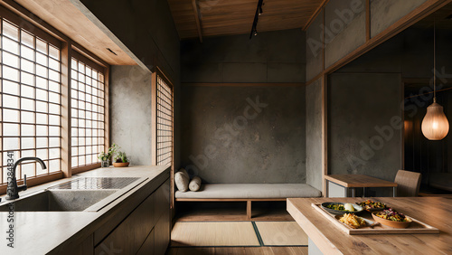 Japanese Zen Interior with Dark Plaster Walls and Daybed