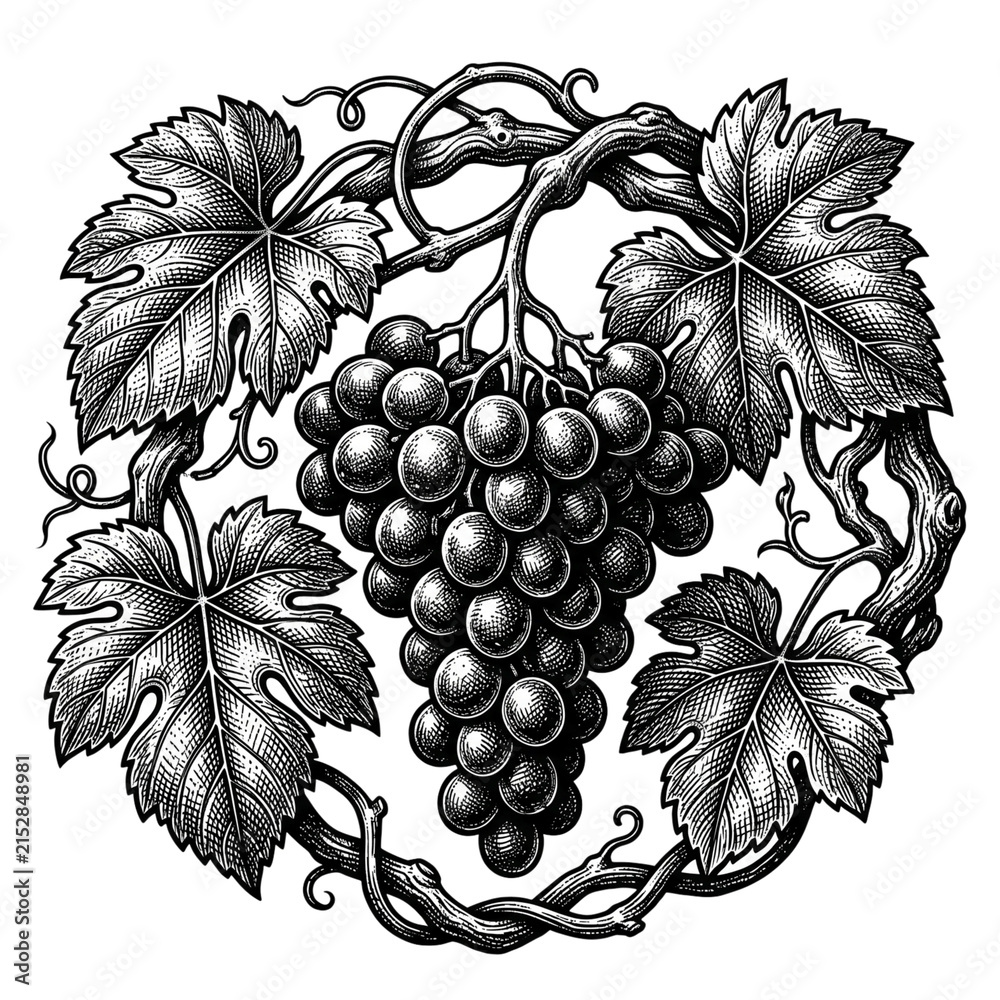 Naklejka premium A monochromatic vintage engraving captures a lush cluster of ripe grapes surrounded by winding vines and broad foliage in a sophisticated style reminiscent of traditional agricultural woodcut