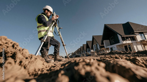 Surveyor on Construction Site: A surveyor wearing a hard hat and reflective vest uses surveying equipment to measure land on a sunny day, with a row of new houses under construction in the background.