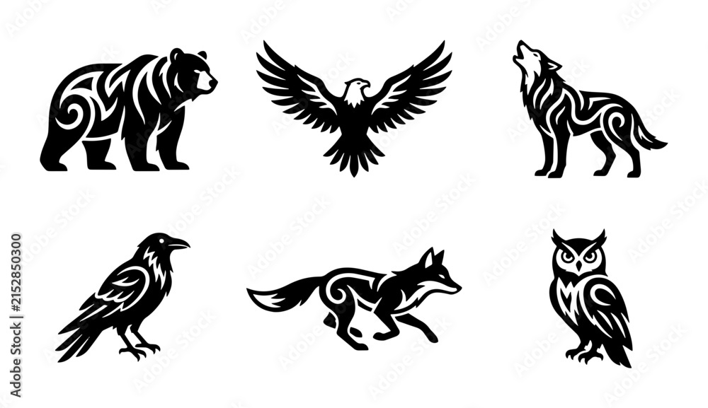 Obraz premium 70 Tribal Animal Vector Icons Set: Bear, Wolf, Eagle, Raven, Fox, Owl Graphics for Wildlife Branding and Nature Designs 100