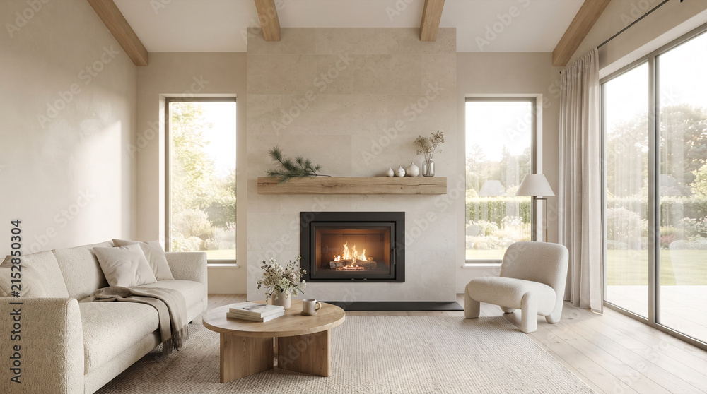 Fototapeta premium Modern living room with fireplace, natural light, and garden view