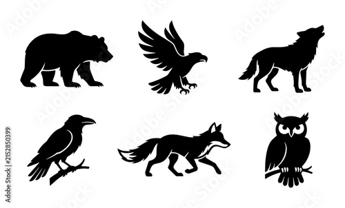 70 Wild Animal Silhouettes Collection: Bear, Eagle, Wolf, Raven, Fox, Owl Icons for Nature and Wildlife Graphics 100