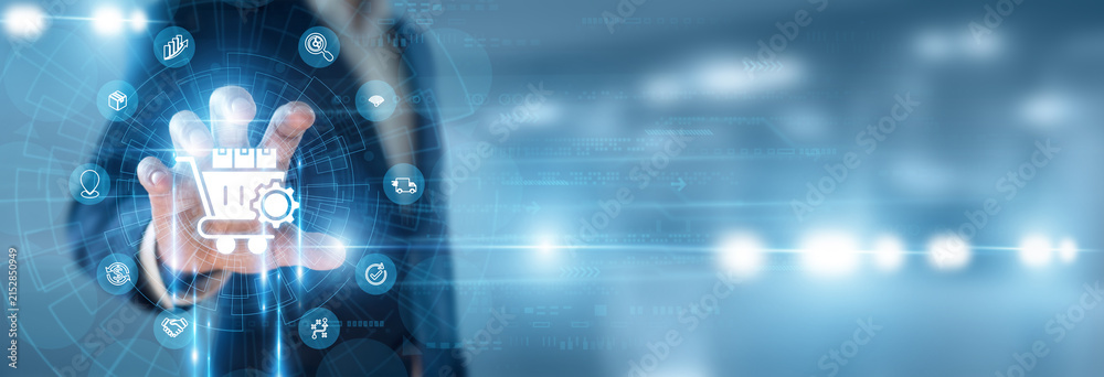 Obraz premium Supply Chain Director hand holding Procurement Management and data networking, corporate vendor sourcing strategy, enterprise purchasing workflow, contract negotiation planning, asset logistics.