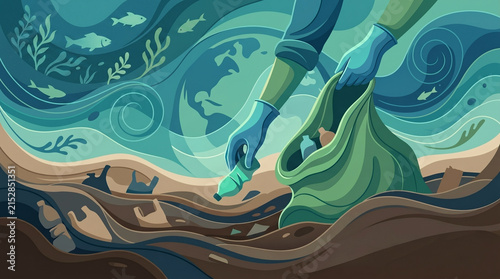 Cleaning up pollution from the ocean with gloved hands collecting plastic bottles into a bag. The artwork illustrates a vital effort to protect marine life and the planet