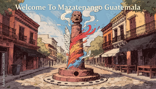 Welcome To Mazatenango Guatemala: Vibrant Mayan Art Sculpture in Colonial Street