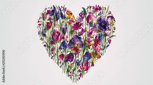 Heart shape formed from vibrant mixed flowers against a plain backdrop.