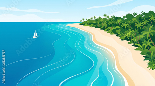 A serene tropical beach with turquoise water, a white sand shore, lush green palm trees, and a sailboat in the distance, under a clear blue sky