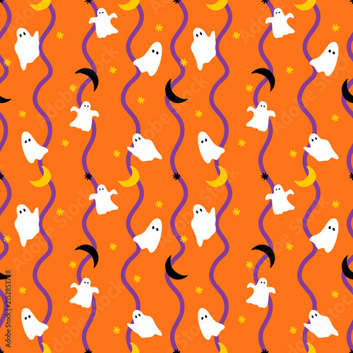 Halloween theme seamless graphic pattern with cute little white ghosts, black and yellow crescent moons, purple wavy lines, and sparkling stars. for textiles, wrapping paper, wallpaper.