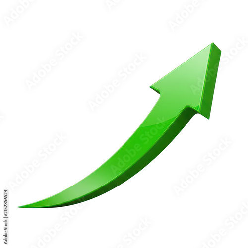 Shiny green upward arrow showing growth and success isolated on transparent background