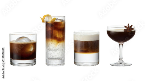 Set of four specialty coffee drinks including cold brew with ice sphere, coffee tonic, espresso cold foam, and espresso martini in modern glasses isolated on transparent background.