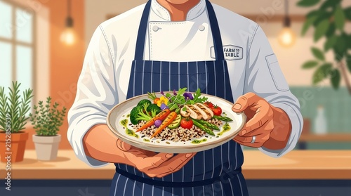 A professional chef in a white uniform and striped apron holds a healthy gourmet meal of grilled chicken and fresh vegetables on a white plate.