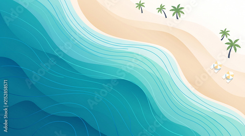 An aerial view of a tropical beach with turquoise waves gently lapping on the sandy shore, palm trees, and tropical flowers. A serene and idyllic scene representing paradise