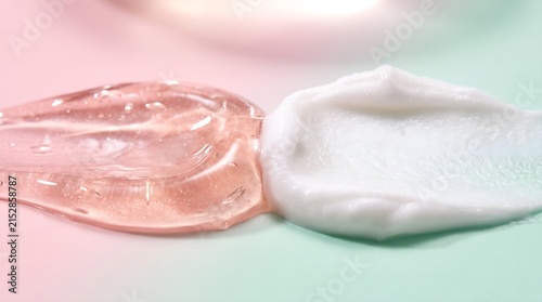 Dual Texture Rose Gold Gel Meets Opaque White Moisturizer Cream Swatch on Frosted Glass Stand Day Night Skincare Display Background Space