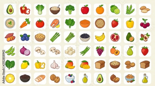 Set of healthy food icons including fruits vegetables grains and protein sources for balanced diet illustrations.