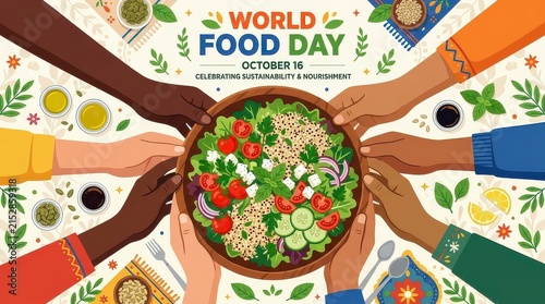 Diverse hands from around the world sharing a large bowl of fresh salad, celebrating World Food Day on October 16 with a message of sustainability and nourishment.