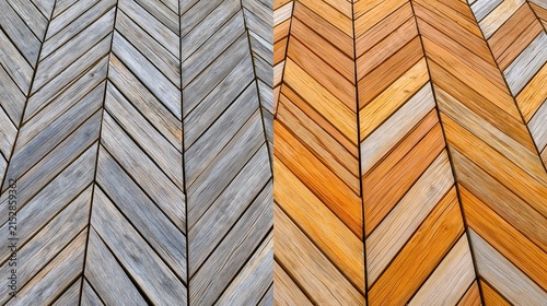 Wooden planks arranged in a chevron pattern displaying weathered grey and warm orange tones.