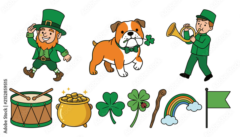 Fototapeta premium St. Patrick's Day Celebration Illustration Set with Leprechaun, Irish Bulldog, Trumpet Player, Gold Coins, Shamrocks, Rainbow, Drum, and Flag