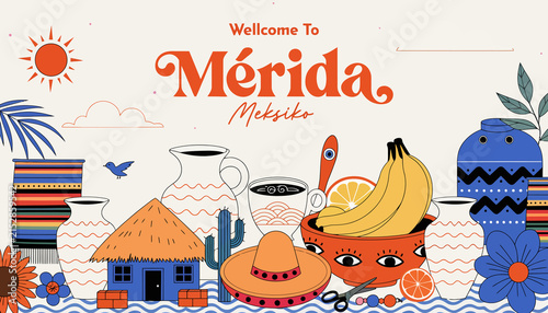 Welcome to Merida Mexico: Vibrant Cultural Collage with Mexican Icons, Tropical Fruits, Pottery, and Sun