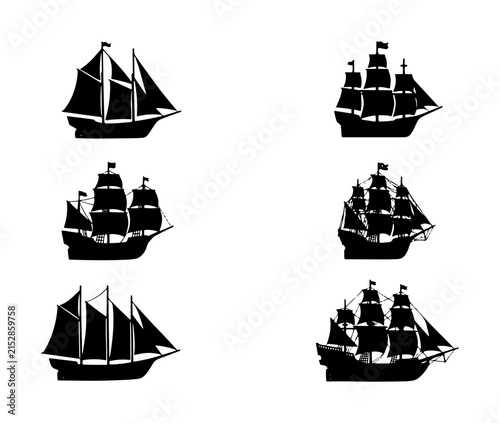 Canvas Print 70 Set of Six Silhouette Tall Ships, Vintage Sailing Vessels, Nautical Vector Ic