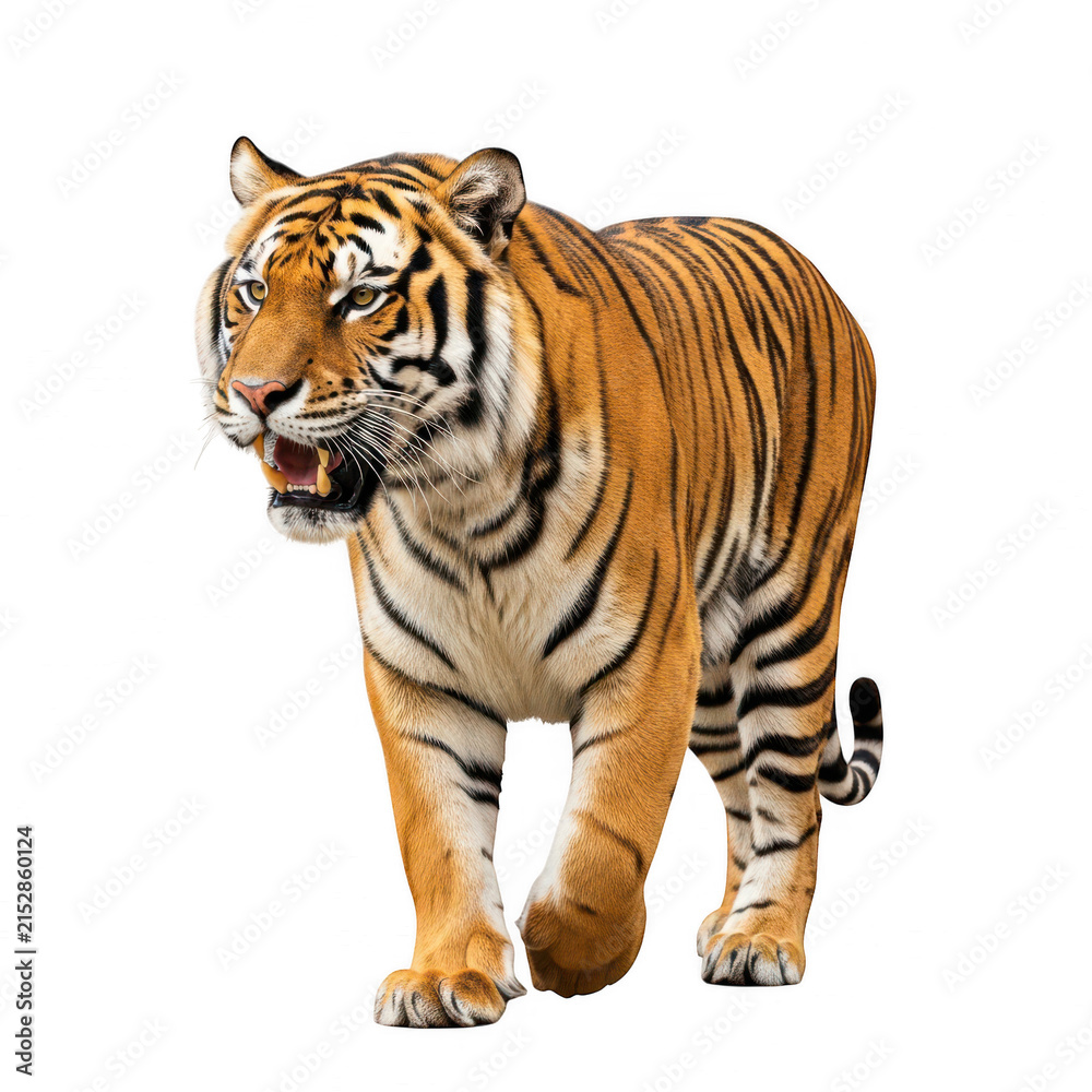 Obraz premium Large tiger walking forward with an open mouth isolated on transparent background
