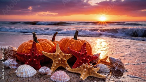 Pumpkins and starfish on sandy beach at golden sunset
