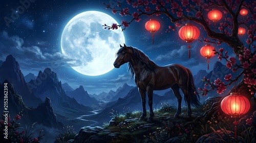 Majestic brown horse standing serenely upon a cliffside under a glowing giant full moon surrounded by traditional red chinese lanterns and beautiful blooming cherry blossoms