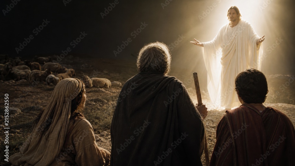 Fototapeta premium Jesus appearing to shepherds in a field during night. Biblical scene of angel announcement of birth of Christ to men and woman. Religious event for Christmas and spiritual gospel faith.