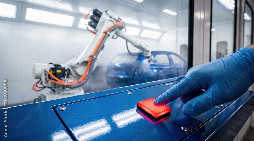 Naklejka premium Industrial automation with robotic arm painting car, operator pressing button on control panel in modern factory, advanced production technology