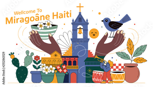 Welcome to Mirago?ne Haiti: Vibrant Culture, Colonial Architecture, and Tropical Flora Illustration