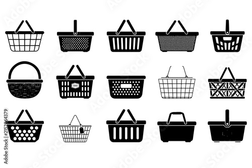 A collection of fifteen black shopping basket icons arranged in a grid for online store and retail website interface design