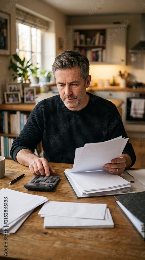 Obraz premium A middle-aged man meticulously works on finances at a wooden table, using a calculator and reviewing documents, embodying a moment of focused financial management in a home setting.