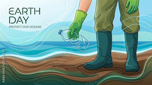 Hand in protective glove picking up plastic bottle from beach with ocean wave in background. Earth Day text and Protect our Oceans slogan.