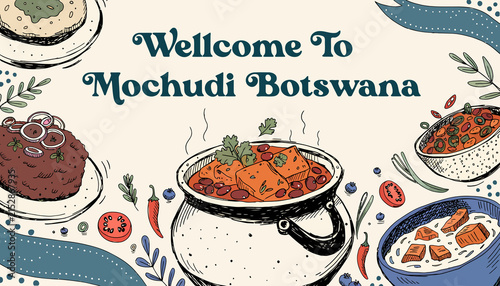 Welcome To Mochudi Botswana - Traditional African Cuisine Illustration with Food and Text