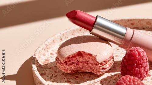 A pink lipstick rests beside a raspberry and a partially eaten aron on a terrazzo plate