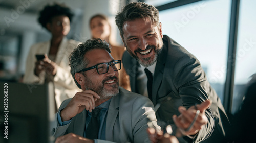 Business camaraderie: Two businessmen share a laugh during a meeting, surrounded by colleagues in a modern office setting, highlighting collegial interaction and a positive work environment.
