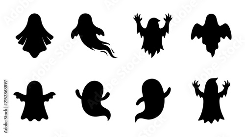 Halloween ghost silhouette set, 8 spooky phantom icons, black spirit vector collection for decor