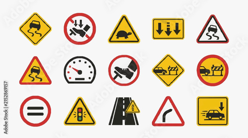Minimalist Collection of 15 Bright Warning and Road Signs with Vehicles Animals and Prohibited Actions